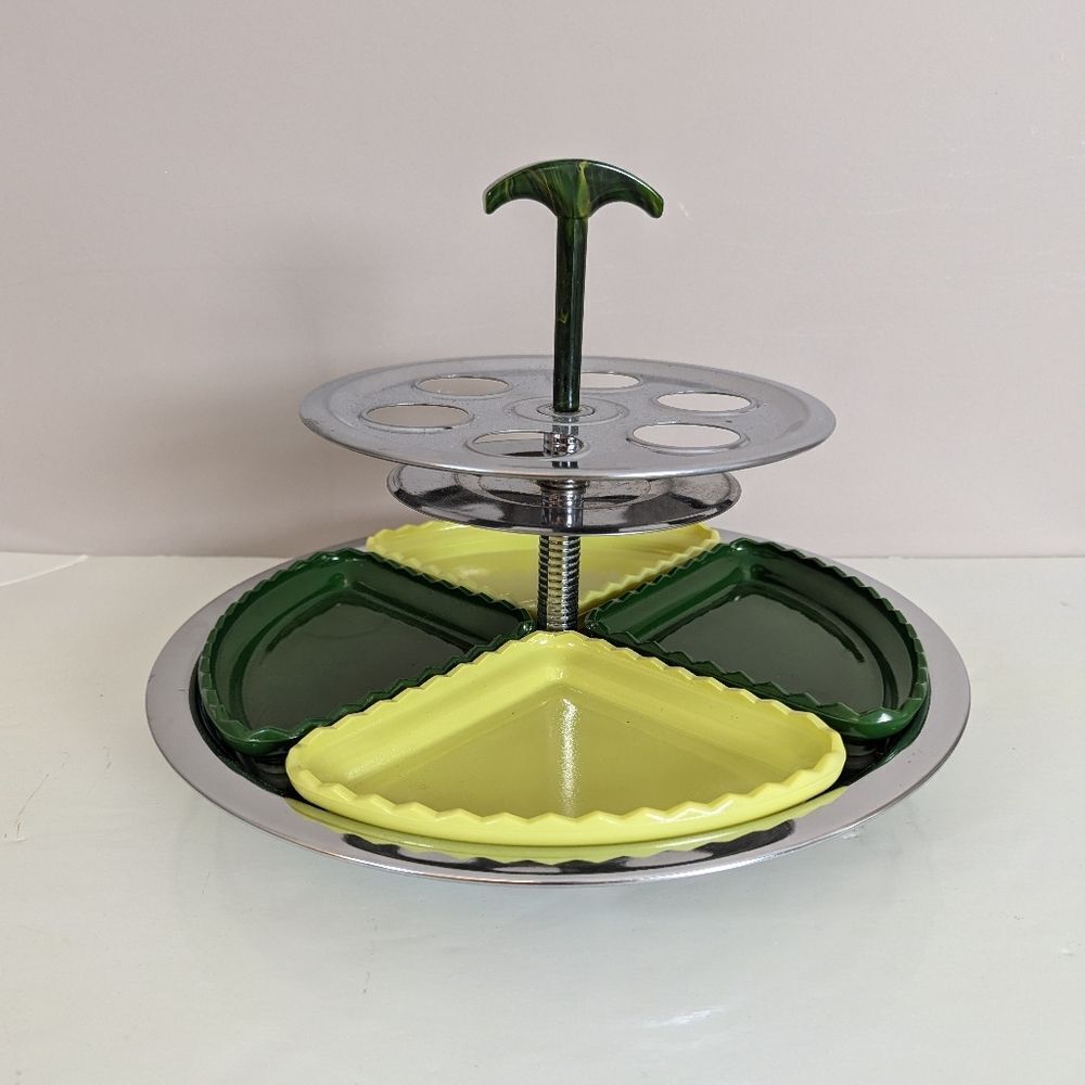 Hazel Atlas Vintage MCM Lazy Susan Relish Tray – Avocado & Lemon – Retro Party
